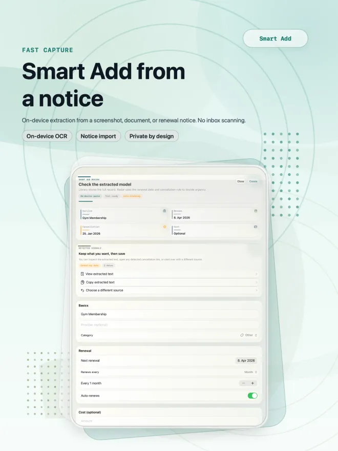 Smart Add auf dem iPad: auf dem Gerät ausgelesene Vertragsdaten aus einem Fitnessstudio-Schreiben, bereit zum Prüfen und Speichern