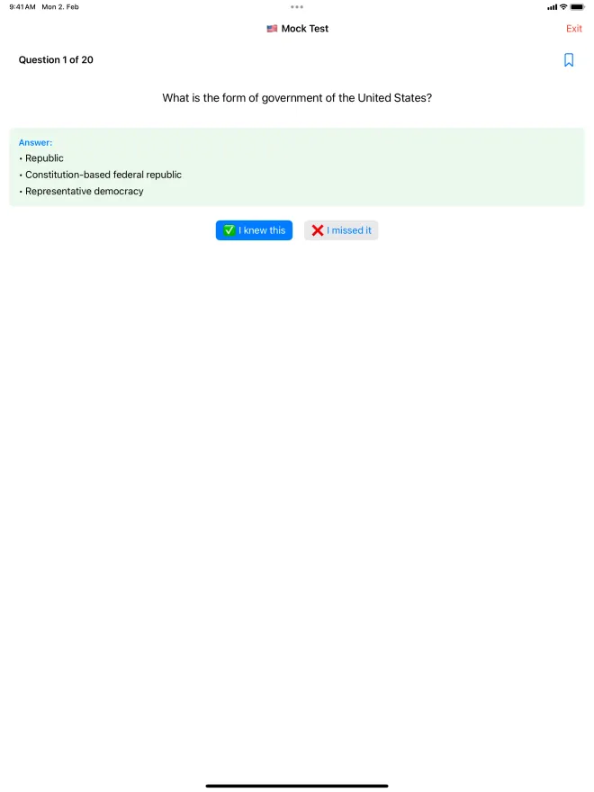 Mock test on iPad: question 1 of 20 with the official answers and the buttons “I knew this” and “I missed it”