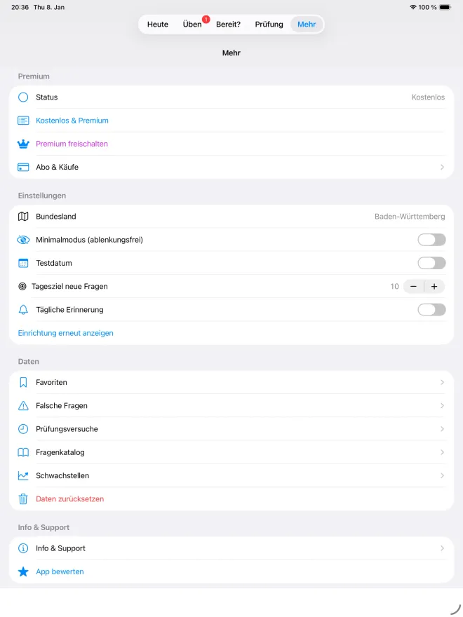 The “Mehr” (More) tab on iPad: Premium status, settings such as minimal mode and daily goal, plus bookmarks, wrong answers, the question list and weak spots