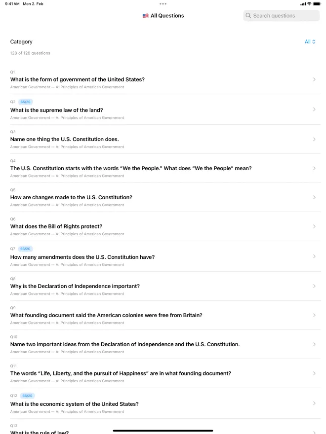 All 128 questions of the 2025 civics test on iPad, with search, category filter and 65/20 badges
