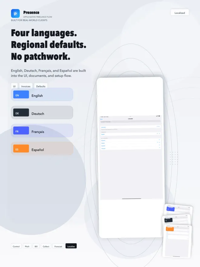 Presence Studio language settings on iPad with English, German, French and Spanish for the interface, invoices and regional defaults