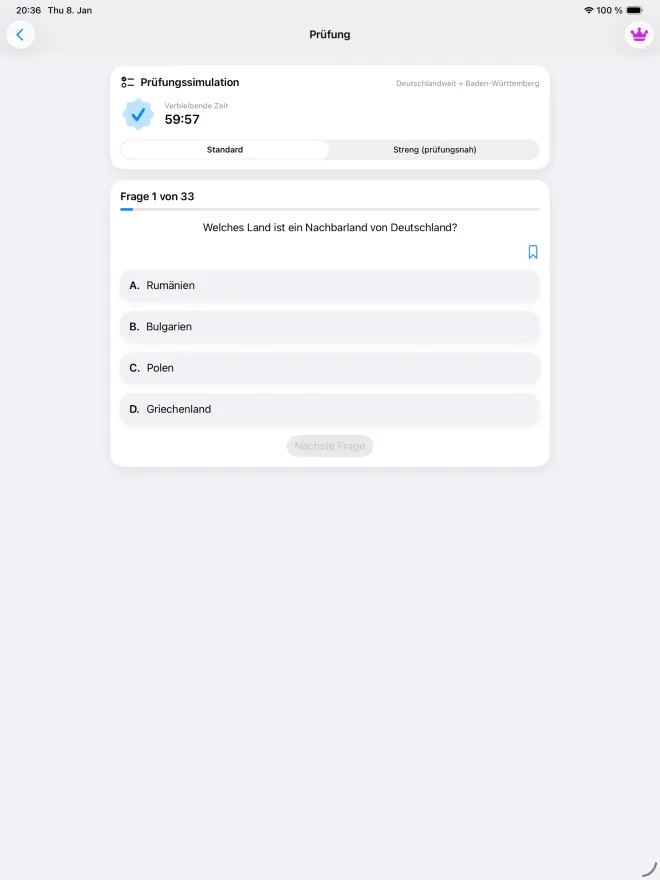 Mock test on iPad with 33 questions and a countdown: “Welches Land ist ein Nachbarland von Deutschland?” (Which country borders Germany?)