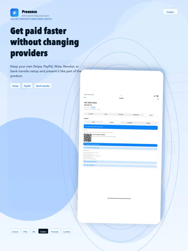 Invoice payment actions on iPad with a QR code for the external payment link, bank details with IBAN and reference, and copy buttons