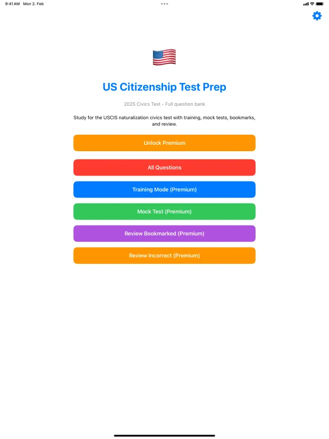 US Citizenship Preparation home screen on iPad with All Questions, Training Mode, Mock Test and review options