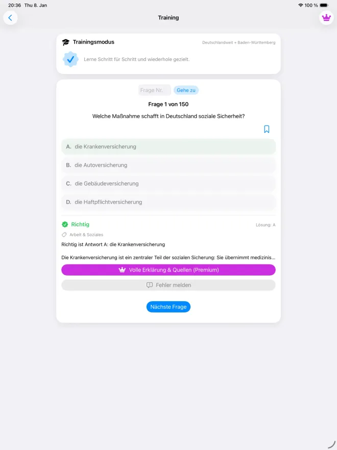 Training mode on iPad: a question on social security answered correctly, with a short explanation and the option to unlock the full explanation and sources with Premium
