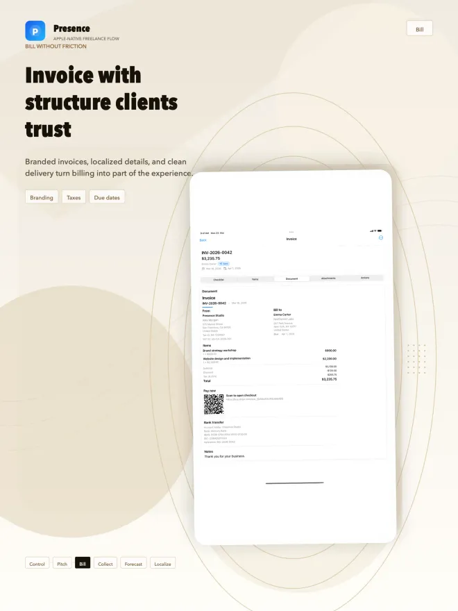 Full invoice document on iPad with line items, tax, total, a pay-now QR code, bank transfer details and a note