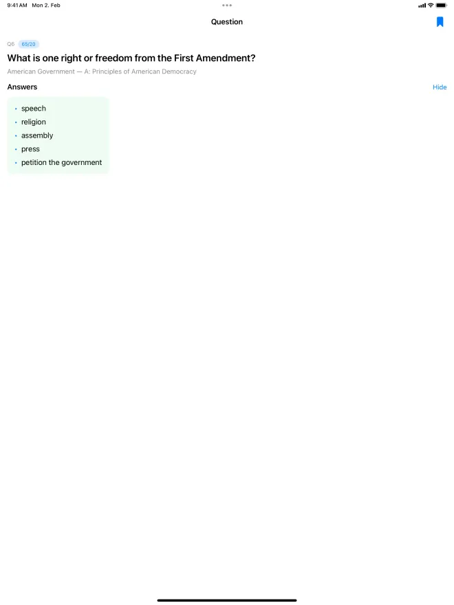 Question detail on iPad: “What is one right or freedom from the First Amendment?” with its five official answers