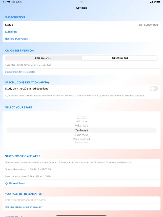 Settings on iPad: test version, 65/20 option, state picker, senator and governor updates with “Refresh Now” and a field for your US representative