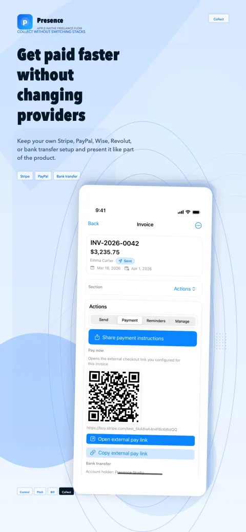 Presence Studio on iPhone: the payment actions of an invoice with a QR code for your own Stripe payment link, buttons to open or copy the link, and bank transfer details