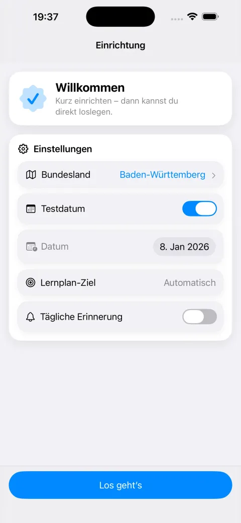 Setup screen: choosing the federal state (Baden-Württemberg), the test date, a study-plan goal and a daily reminder