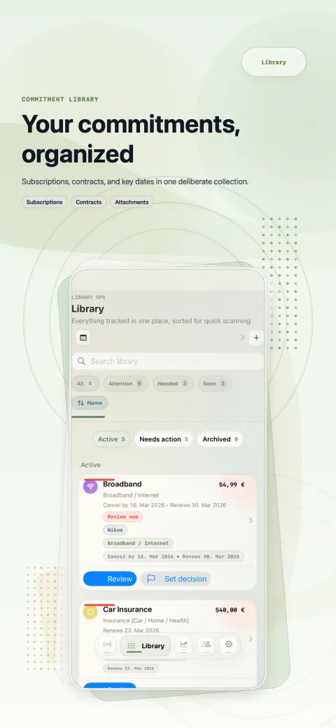 Bibliothek mit allen erfassten Abos und Verträgen wie Internet und Kfz-Versicherung, mit Suche, Filtern und Schaltflächen zum Prüfen