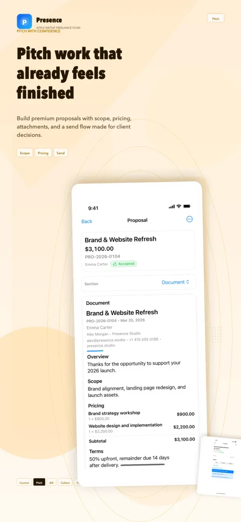 Accepted proposal “Brand & Website Refresh” on iPhone with overview, scope, priced line items and payment terms
