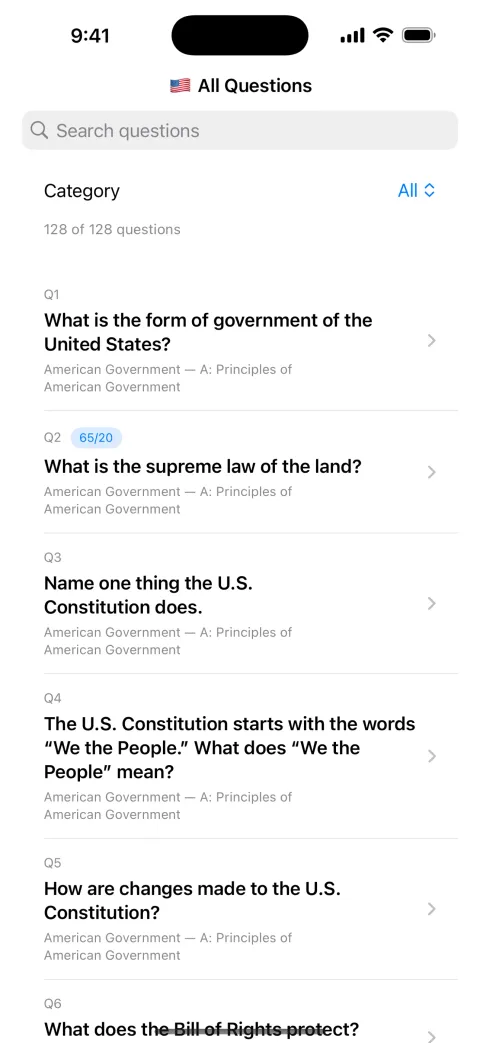All Questions list with search field and category filter showing 128 of 128 questions, with a 65/20 badge on question 2