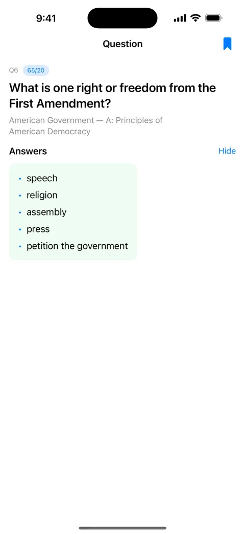 Question detail, marked 65/20, for “What is one right or freedom from the First Amendment?” with the answers speech, religion, assembly, press and petition the government