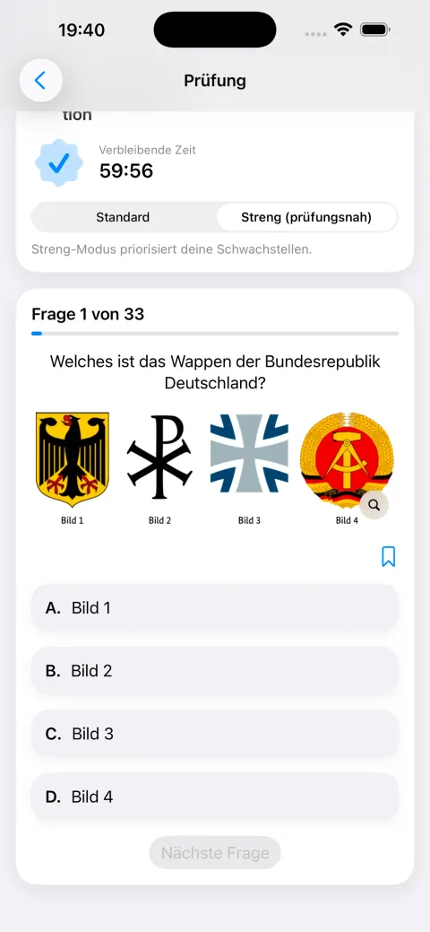 Mock test in strict, exam-like mode with a 60-⁠minute countdown, question 1 of 33: which is the coat of arms of the Federal Republic of Germany?